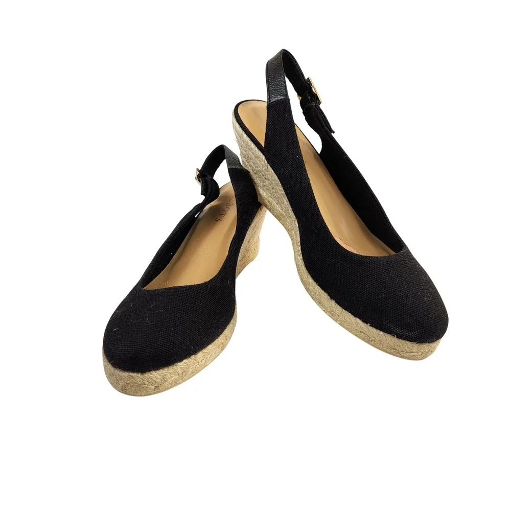 Talbots Black Canvas Slingback‎ Wedge Espadrille Heels Women's Size 7.5M
